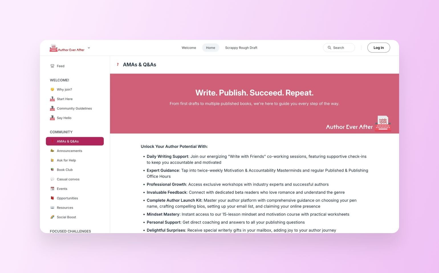 Author Ever After "AMAs & Q&As" page with coral-colored banner reading "Write. Publish. Succeed. Repeat." Lists comprehensive membership benefits including daily writing support, expert guidance, professional growth opportunities, and author launch kit assistance. Sidebar shows community navigation with sections for book clubs, events, and resources.