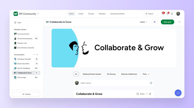 A community space titled "Collaborate & Grow" in the SPI Community, featuring categories for member collaboration and announcements.