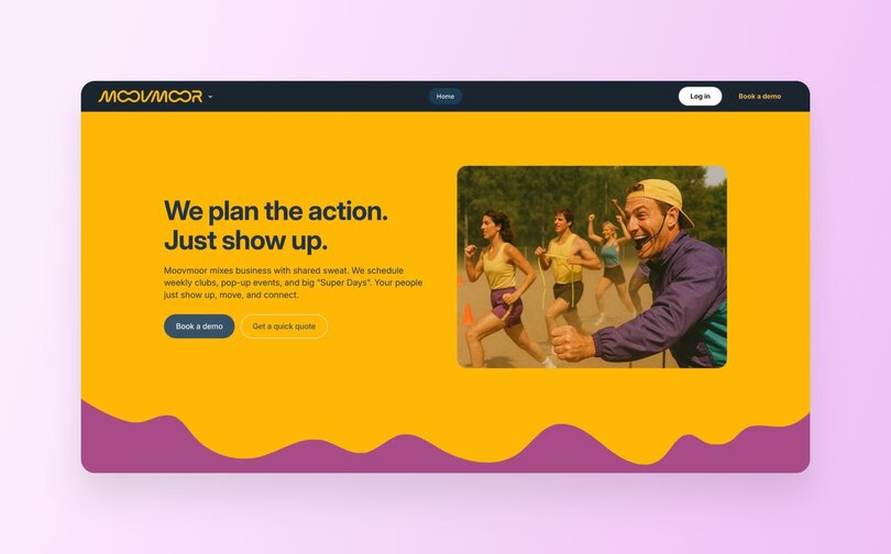 Moovmoor fitness platform homepage with bright orange and purple design. Headlines read "We plan the action. Just show up." Shows energetic photo of fitness trainer with participants exercising outdoors. Description explains Moovmoor mixes business with fitness through weekly clubs, pop-up events, and "Super Days." Two buttons: "Book a demo" and "Get a quick quote."
