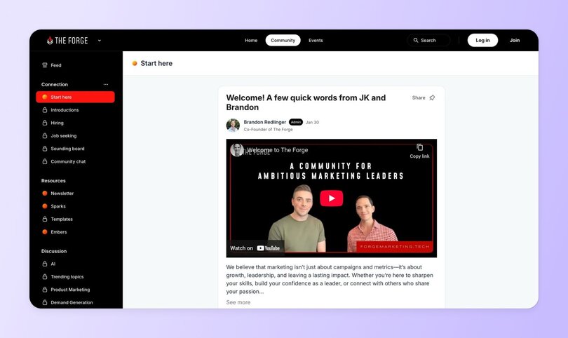 The Forge community with dark sidebar navigation showing various channels and a welcome post from Brandon Redlinger with embedded YouTube video about marketing leadership.