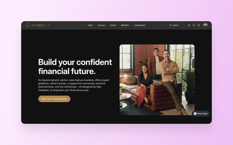 Lake Avenue Academy homepage with dark theme and headline "Build your confident financial future." Features photo of three people in modern living room setting. Copy emphasizes expert guidance, online courses, and practical financial tools designed by Alex Chalekian, with "Start Your Transformation" call-to-action button.