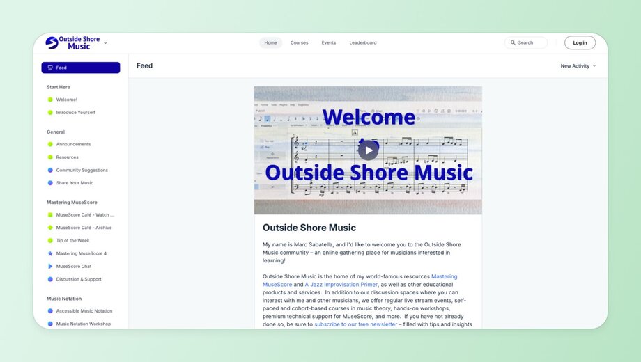 Community platform interface for "Outside Shore Music" showing a welcome message from Marc Sabatella, navigation sidebar with course categories, and description of music education resources and community features