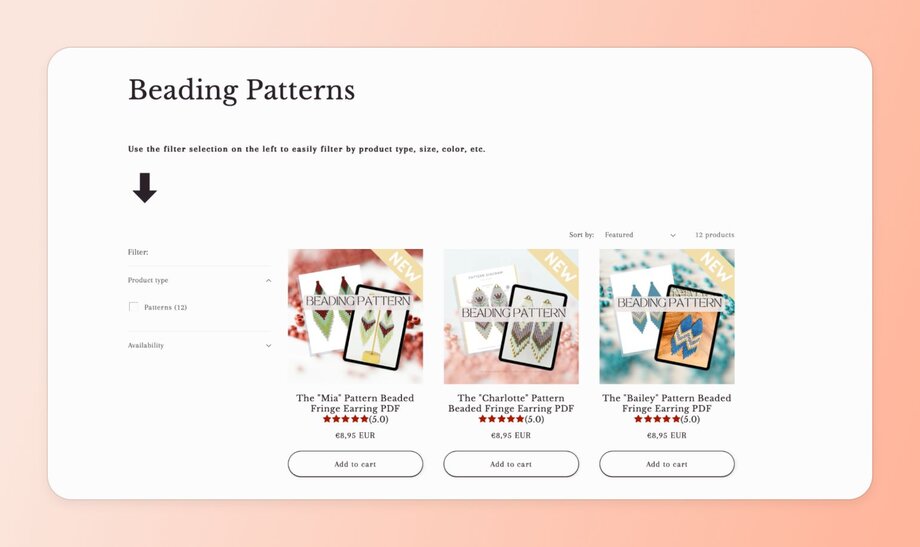 Digital product store showcasing beading patterns as downloadable PDFs, featuring three different earring designs (Mia, Charlotte, and Bailey patterns) priced at €8.95 each with filter options.