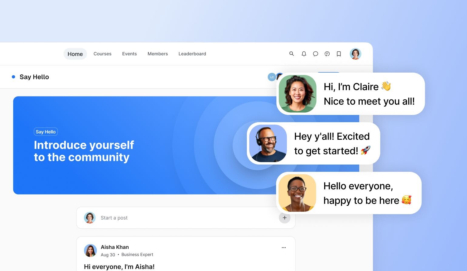 "Say Hello" community page with blue banner titled "Introduce yourself to the community" and member introduction bubbles showing friendly greetings from Claire, a man with glasses, and another community member.