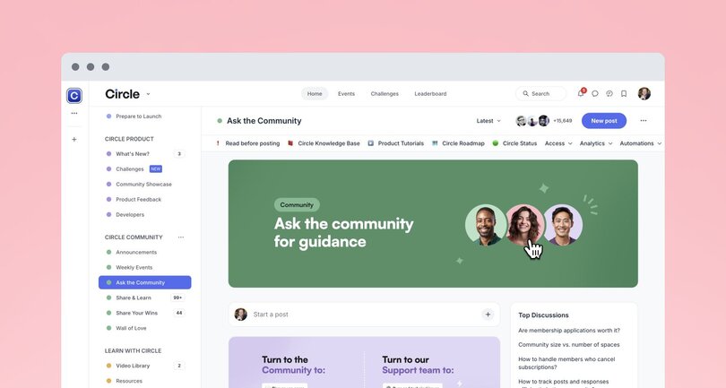 Circle platform's membership interface showing a detailed sidebar menu with sections like 'Circle Product' and 'Circle Community.' Main content area displays 'Ask the Community' section with a green banner and user avatars.