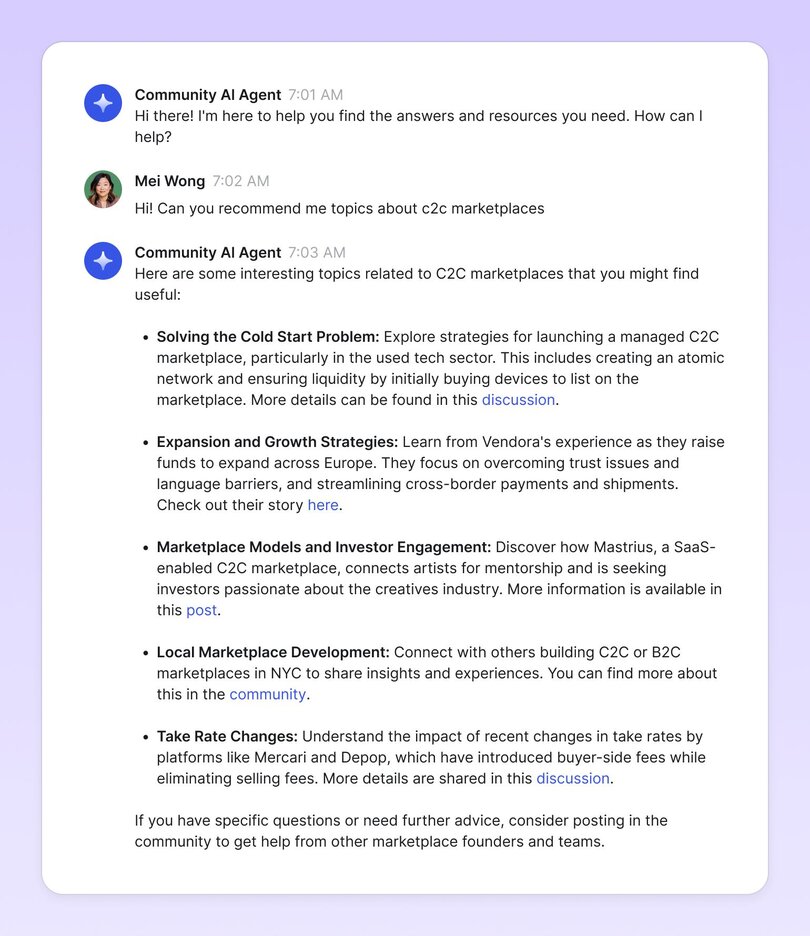 Conversation between Mei Wong and a Community AI Agent about C2C marketplaces. The agent provides five detailed topics including solving the cold start problem, expansion strategies, marketplace models, local development, and take rate changes, each with links to further resources.