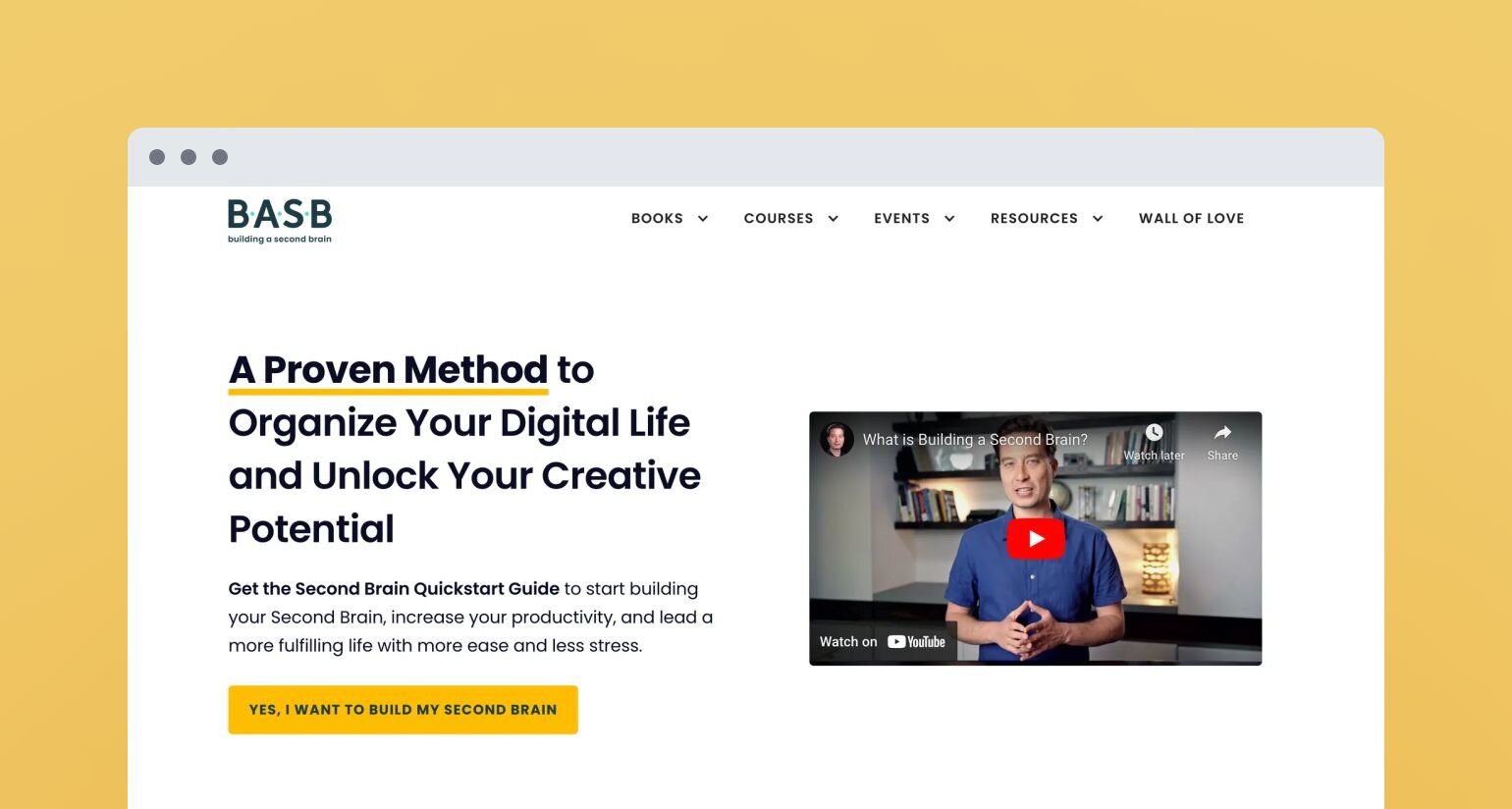 Building a Second Brain website homepage featuring the tagline 'A Proven Method to Organize Your Digital Life and Unlock Your Creative Potential' alongside a video thumbnail and yellow call-to-action button.