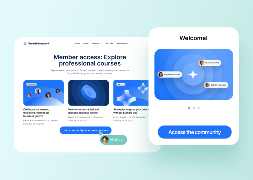 Member portal showing professional development courses including 'Collaborative learning,' 'How to secure capital,' and 'Strategies to grow your business,' with welcome section and community access button