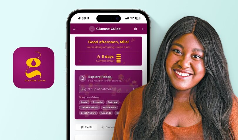 iPhone displaying Glucose Guide app in magenta branding showing personalized greeting 'Good afternoon, Mila' with 5-day streak tracker and food exploration feature