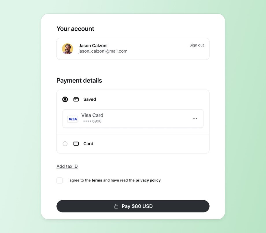 Circle's payment checkout interface showing a creator's account with a saved Visa card, terms and privacy policy checkbox, and a "Pay $80 USD" button.