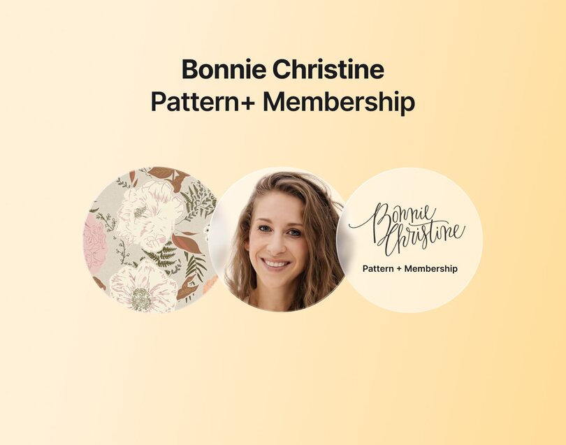 Brand showcase for Bonnie Christine Pattern+ Membership on yellow background. Features three circular elements: floral pattern sample, photo of smiling woman with brown hair, and logo with cursive 'Bonnie Christine' text.