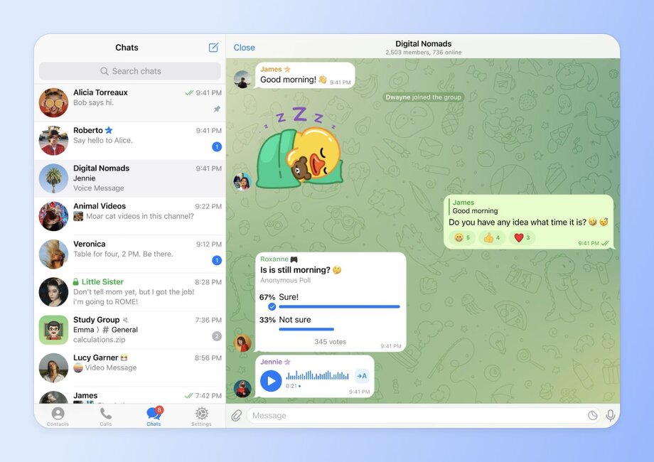Screenshot of Telegram desktop interface showing a "Digital Nomads" group chat with 2,503 members. The left sidebar displays various conversations including personal chats and group chats, while the main window shows messages with emoji reactions and a poll.