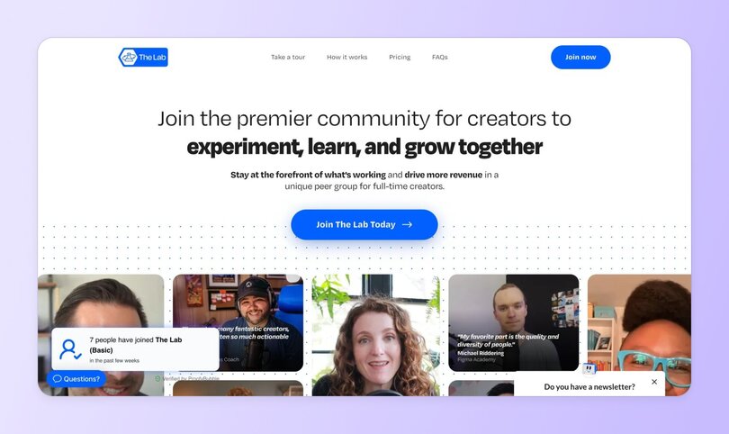 The Lab community homepage featuring member testimonials, join button, and tagline about being "the premier community for creators to experiment, learn, and grow together."