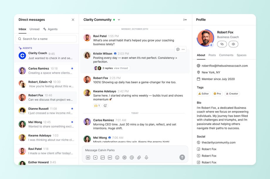 Community messaging interface displaying direct messages, public discussions, and member profiles with bios and tags.