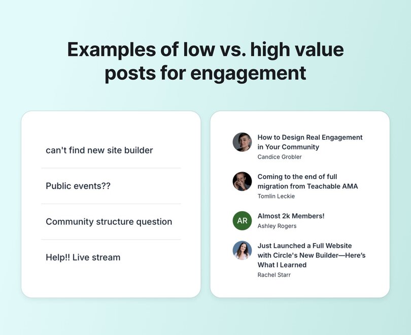 Side-by-side comparison of low-value versus high-value community posts demonstrating content quality differences for engagement optimization