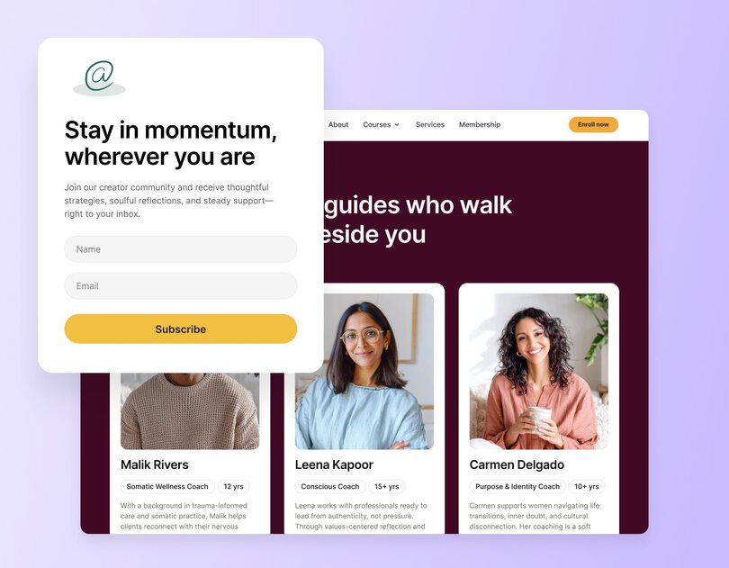 Website mockup showing a coaching community landing page with email signup form, navigation menu, and coach profiles.