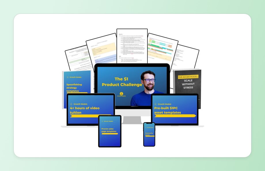  Product showcase displaying "The $1 Product Challenge" course materials across multiple devices (desktop, laptop, tablet, phone) featuring video content, templates, and resources with a smiling instructor in glasses