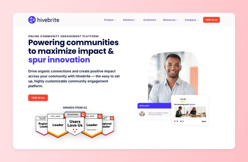 Hivebrite homepage with the headline 'Powering communities to maximize impact & spur innovation.' Features a photo of a smiling man, a community post UI mockup, and a row of G2 award badges including Leader, Users Love Us, and Regional Leader for Fall 2025.