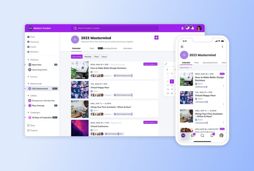 Mighty Networks platform showing a Modern Creator community, and a 2023 Mastermind group with upcoming events calendar, displayed on both desktop and mobile interfaces