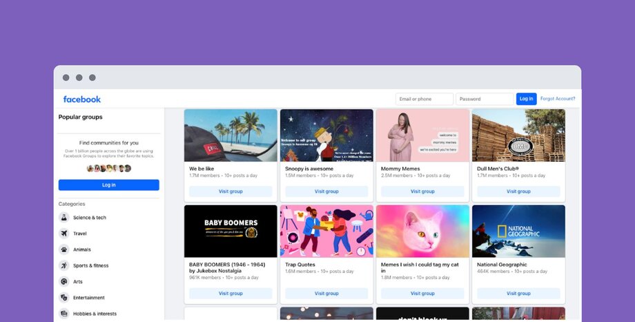 Facebook Groups landing page showing "Popular groups" with membership numbers and activity levels. Categories listed include Science & tech, Travel, Animals with featured groups like "We be like" (1.7M members) and "Mommy Memes" (2.5M members).