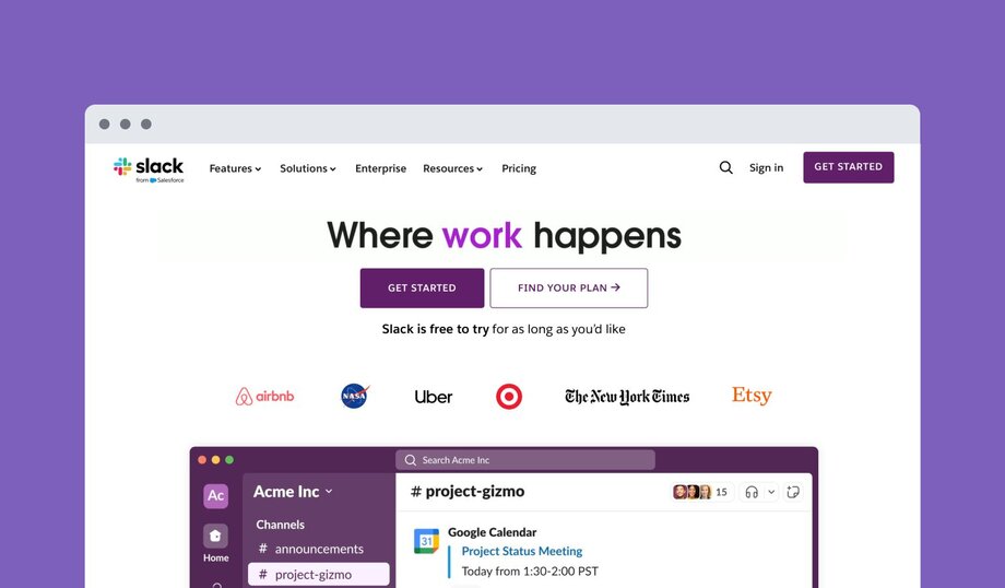 Slack homepage with purple border. Features tagline "Where work happens" with enterprise features menu and client logos including Airbnb, NASA, Uber, Target, NY Times, and Etsy. Shows workspace interface with channels and project messaging.