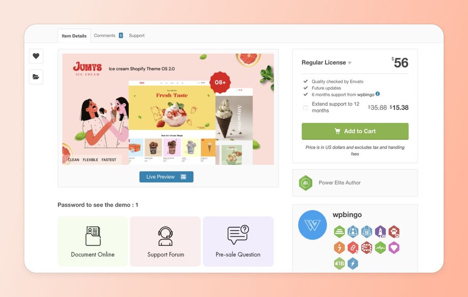 Jumys Ice Cream Shopify Theme product page showing a visually appealing e-commerce template priced at $56 with 6 months of support, featuring clean and flexible design for online stores.