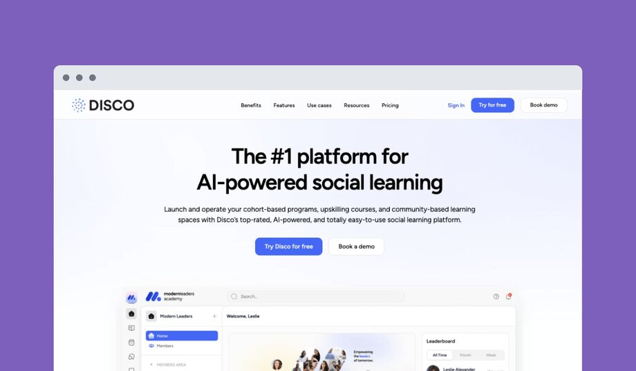 Disco platform homepage with headline "The #1 platform for AI-powered social learning". Describes cohort-based programs and community learning spaces with demonstration of platform interface.