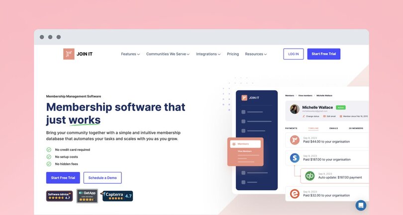 JOIN IT platform homepage featuring membership management software interface. Main heading reads 'Membership software that just works' with a dashboard preview showing member profiles and payment history. Features three trust badges at bottom.