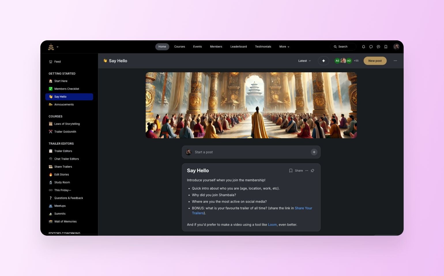Shambala member community "Say Hello" introduction page featuring ornate temple interior with rows of people in meditation pose. Sidebar shows extensive navigation including courses, trailer editors sections, and community features. Main post provides introduction prompts asking members about their background, reasons for joining, social media presence, and favorite trailers, with option to create video introductions using Loom.