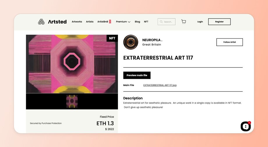 NFT marketplace listing showing 'EXTRATERRESTRIAL ART 117' by artist NEUROPILA from Great Britain, priced at 1.3 ETH ($2622), displayed as a unique digital art piece with purchase protection.