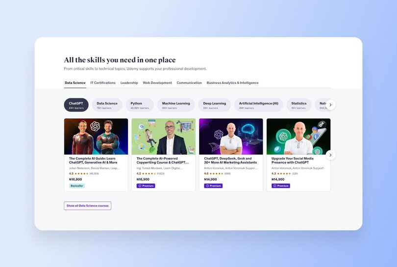Udemy skills marketplace showing Data Science category with courses on ChatGPT, AI, Python, and Machine Learning, with pricing in Nigerian Naira (₦16,900-₦14,900)
