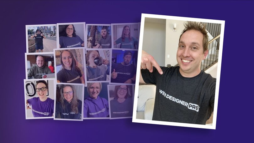 Collage of community members wearing Web Designer Pro branded shirts and hoodies, alongside a larger photo of Josh Hall pointing to his Web Designer Pro t-shirt.