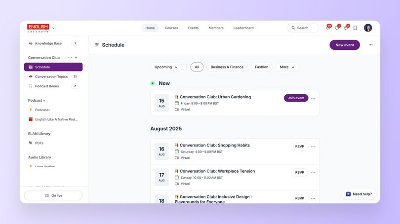 An events schedule page in a language learning community, listing upcoming "Conversation Club" sessions with RSVP options.