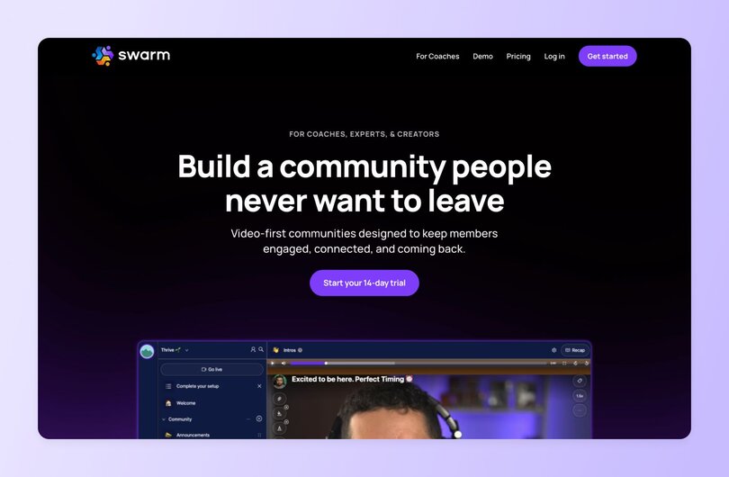 Swarm platform homepage with dark background and headline "Build a community people never want to leave". Targeting coaches, experts and creators with promise of higher engagement and 14-day trial offer.