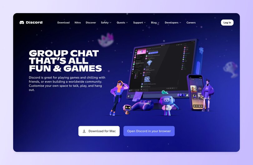 Discord homepage with dark blue/purple background showing "GROUP CHAT THAT'S ALL FUN & GAMES". Describes platform for gaming, connecting with friends and building communities with animated characters around interface mockup.