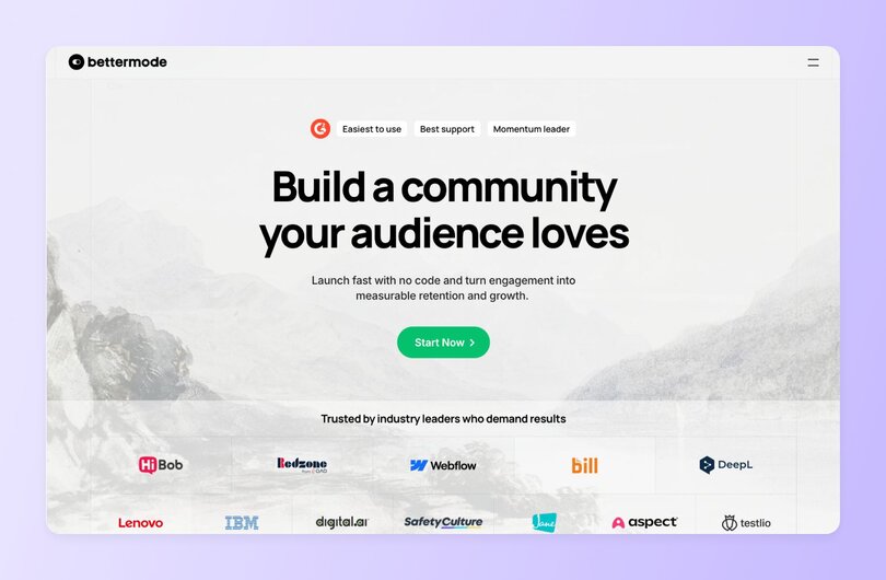 Bettermode platform website with headline "Build a community your audience loves". Describes brand engagement space with features including Discussion, Knowledge base, Job board and others shown at bottom.