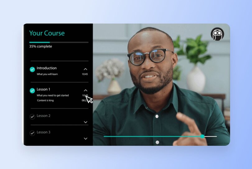 LearnWorlds course progress interface showing 35% completion with expandable lesson modules including Introduction, Lesson 1, 2, and 3, alongside video player with instructor