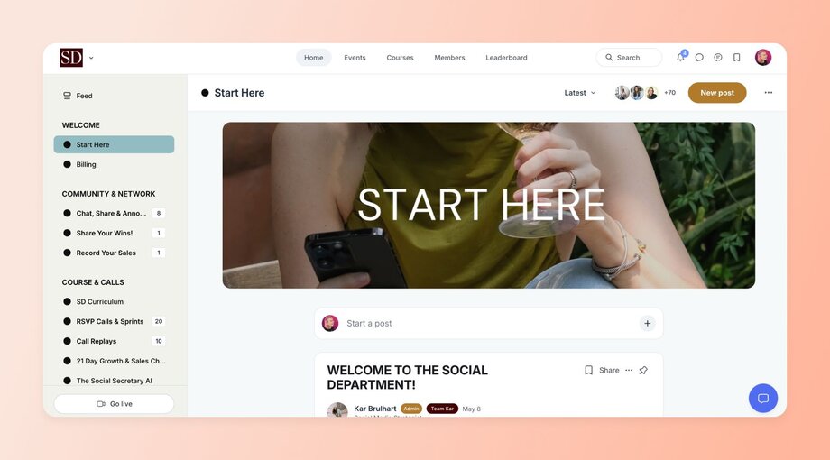 Screenshot of The Social Department Circle community. Features a prominent “Start Here” section with curriculum and call schedules. Navigation includes Chat & Announcements, Call Replays, and a 21 Day Growth Challenge.