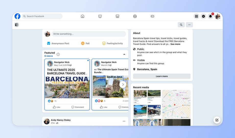 Screenshot of a Facebook Group about Barcelona travel tips showing featured posts including "THE ULTIMATE 2025 BARCELONA TRAVEL GUIDE." The right sidebar displays group information including location, visibility settings, and recent media.