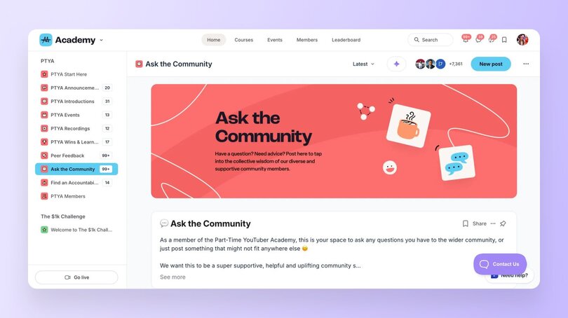 A community dashboard titled "Ask the Community" with a red banner and sidebar navigation for events, feedback, and member spaces.