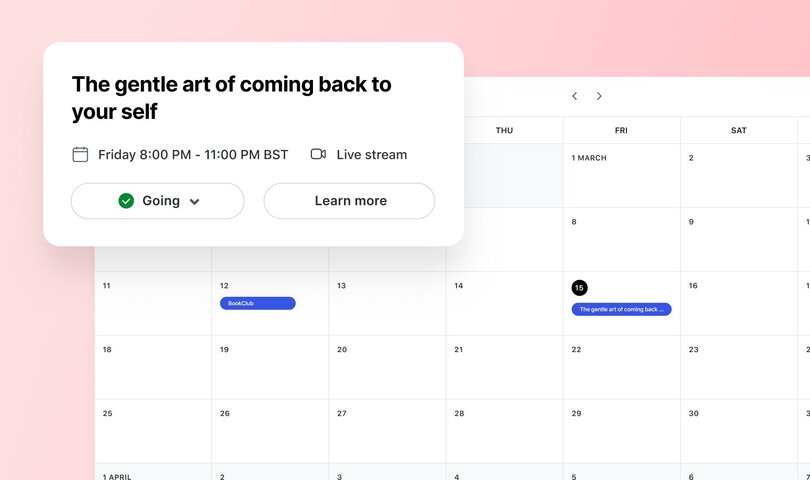Circle events calendar interface displaying an upcoming event titled 'The gentle art of coming back to your self' scheduled for Friday 8:00 PM - 11:00 PM BST as a live stream, with RSVP status showing 'Going'