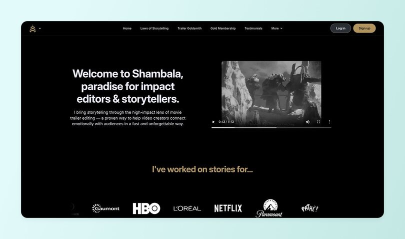 Shambala community homepage with black background featuring welcome message for impact editors and storytellers, video player, and brand logos including HBO, Netflix, L'Oréal, and Paramount