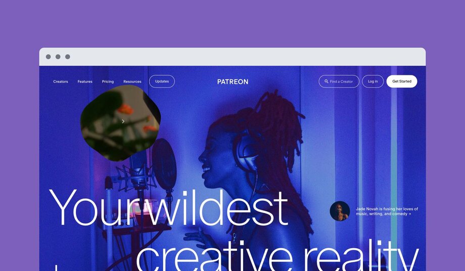 Patreon homepage with blue background and musician in recording studio. Large text "Your wildest creative reality" visible with navigation for Creators, Features, and Pricing.