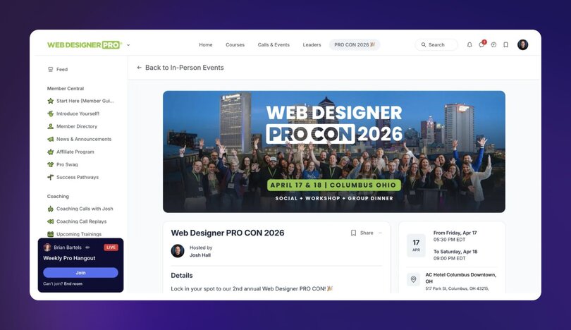 Screenshot of Web Designer Pro community showing the PRO CON 2026 event page for an in-person conference in Columbus, Ohio on April 17-18, with a live Weekly Pro Hangout notification visible in the sidebar.