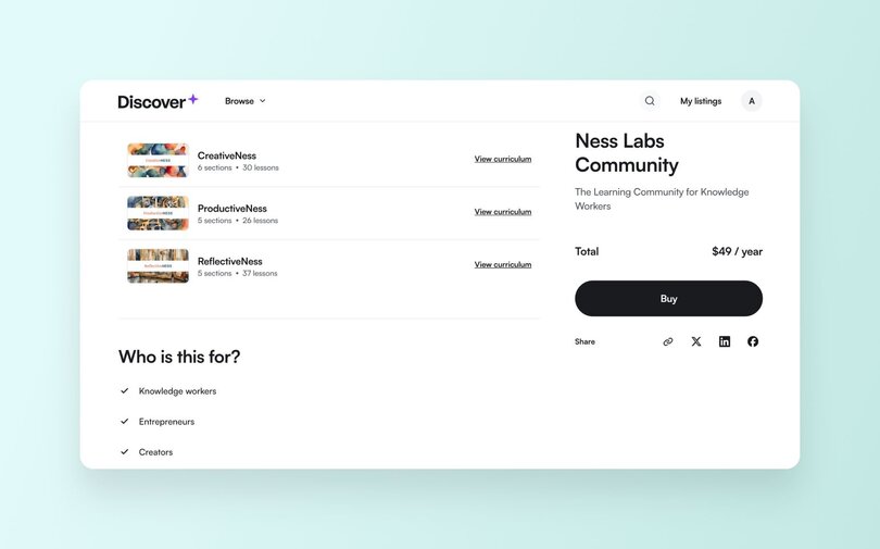 Product page for 'Ness Labs Community' showing three course offerings: CreativeNess (6 sections, 30 lessons), ProductiveNess (5 sections, 26 lessons), and ReflectiveNess (5 sections, 37 lessons). The right side shows pricing at $49/year with a black 'Buy' button and social sharing options. Target audience listed as knowledge workers, entrepreneurs, and creators.