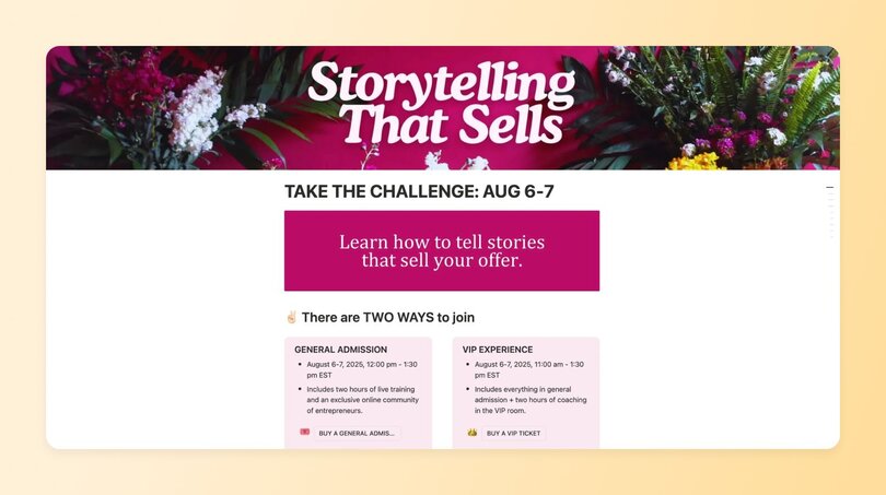 Storytelling that Sells landing page on Notion
