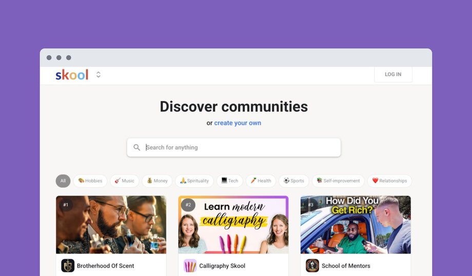 Skool platform homepage showing "Discover communities or create your own" with search bar and category filters (Hobbies, Music, Money, etc.). Features community thumbnails including Brotherhood Of Scent, Calligraphy Skool, and School of Mentors.