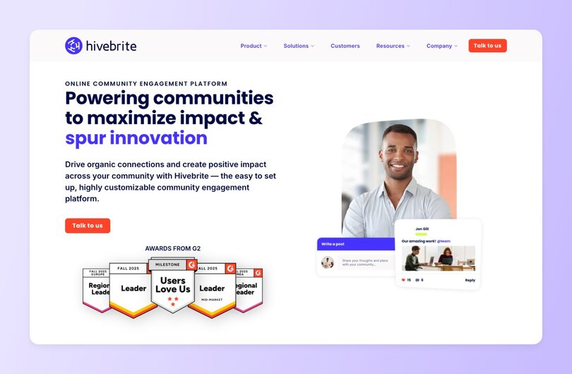 Hivebrite community platform homepage with purple border. Headline reads "Powering communities to maximize impact and spur innovation." Features description of organic connections and community engagement with testimonials and demo request buttons.