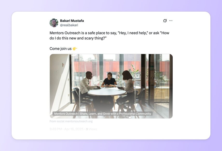 Social media post by Bakari Mustafa promoting Mentors Outreach as a safe space for asking for help with new challenges. Features a photo of three people having a discussion at a round table in a modern office space with large windows.