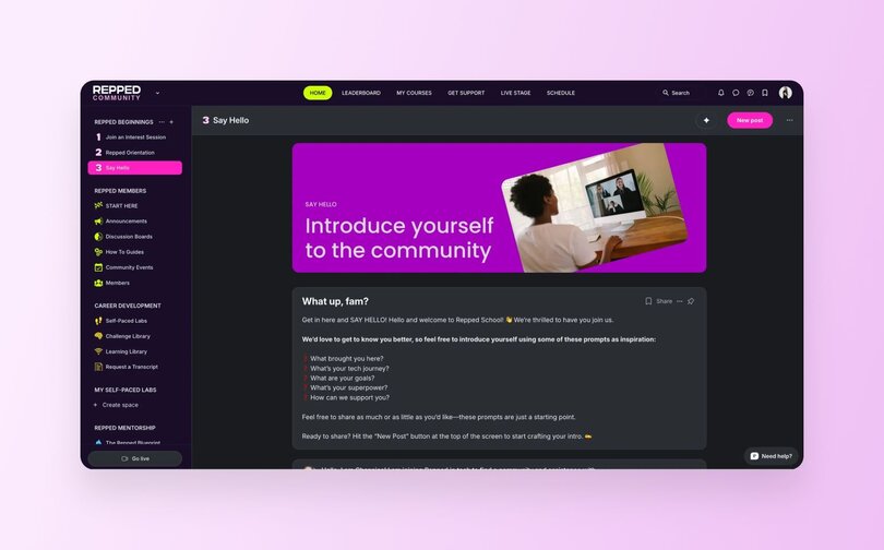 Repped Community "Say Hello" introduction space featuring a purple banner with "Introduce yourself to the community" text. Shows welcome post with conversation prompts like "What brought you here?" and "What's your superpower?" with a "New post" button visible.